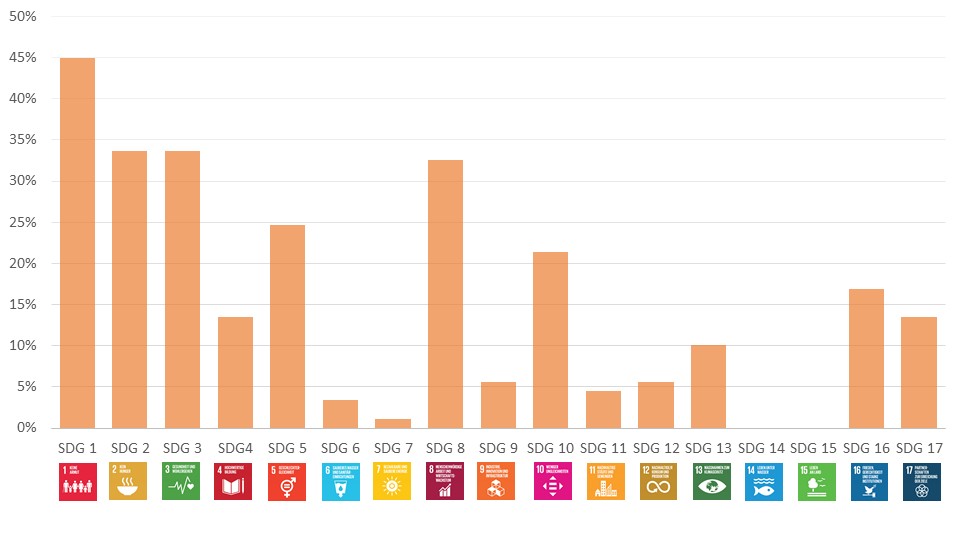 Man sieht eine Grafik für die Verteilung der SDGs. 45% SDG 1 34% SDG 2 34% SDG 3 13% SDG 4 25% SDG 5 3% SDG 6 1% SDG 7 33% SDG 8 6% SDG 9 21% SDG 10 4% SDG 11 6% SDG 12 10% SDG 13 0% SDG 14 0% SDG 15 17% SDG 16 13% SDG 17